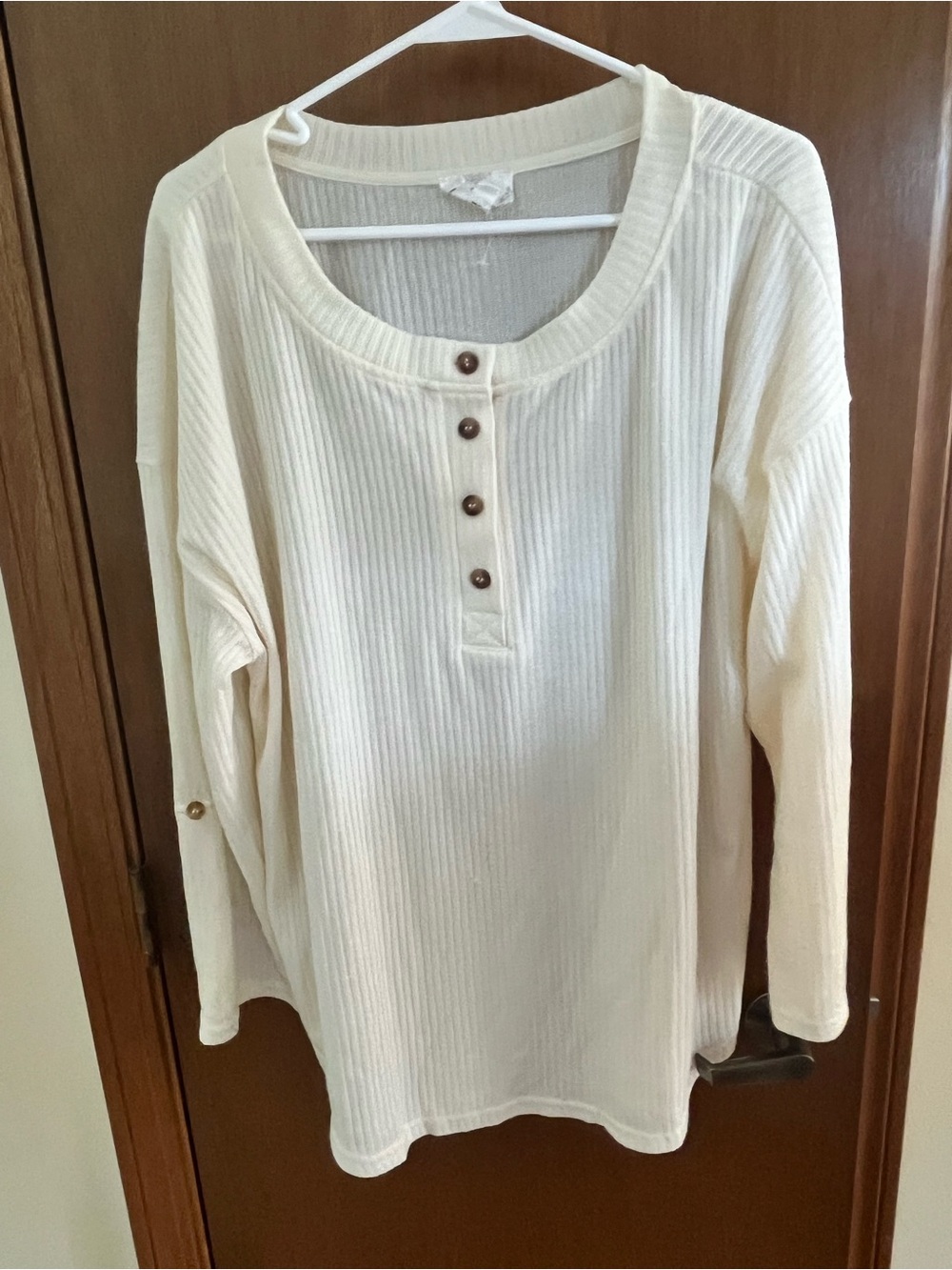 Perch 2x Ribbed Cream Henley Long Sleeve Top with Button Placket